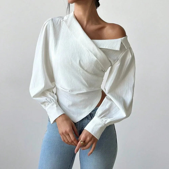 Tops - White Elegant Women's Asymmetrical Hem Long Sleeve Blazer